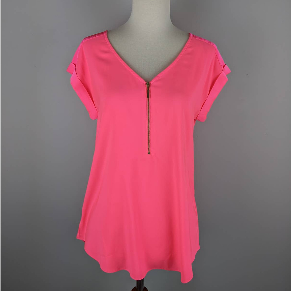 Express Hot Pink V-Neck Zip Front Blouse
